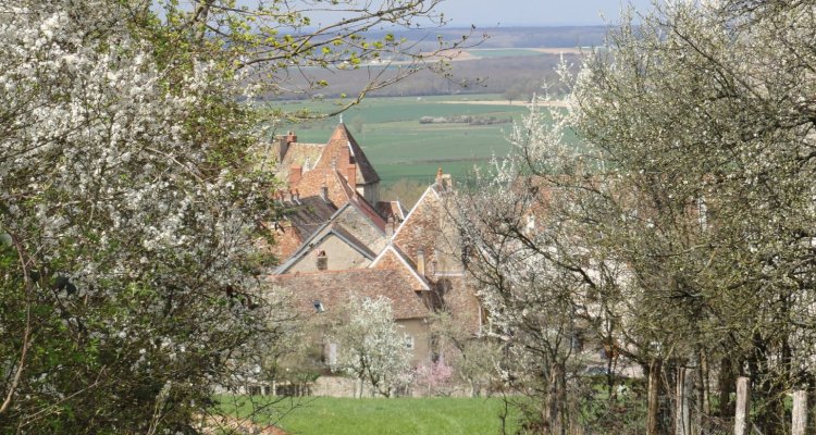 Au loin, les toits des maisons du vieux bourg de Gy